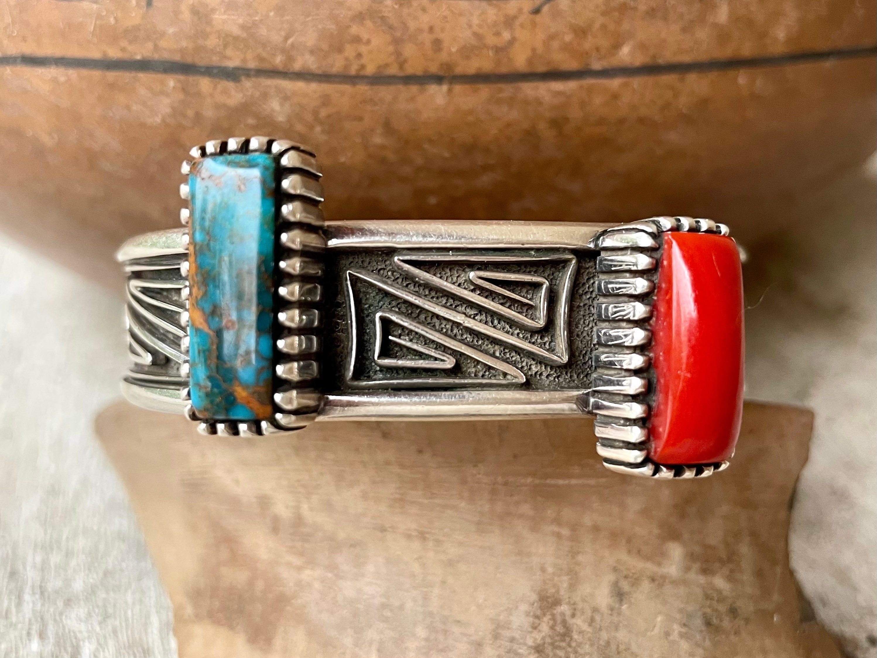 Navajo Leo Yazzie Heavy Sterling Silver Turquoise Coral Cuff
