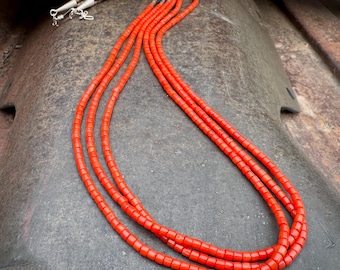 Vintage Three-Strand Fine Coral Bead Necklace Approx 24", Southwestern Jewelry Native American