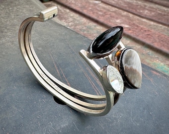 Lilly Barrack Sterling Silver Black Gray Clear Gemstone Open Cuff Bracelet Size 6.75"