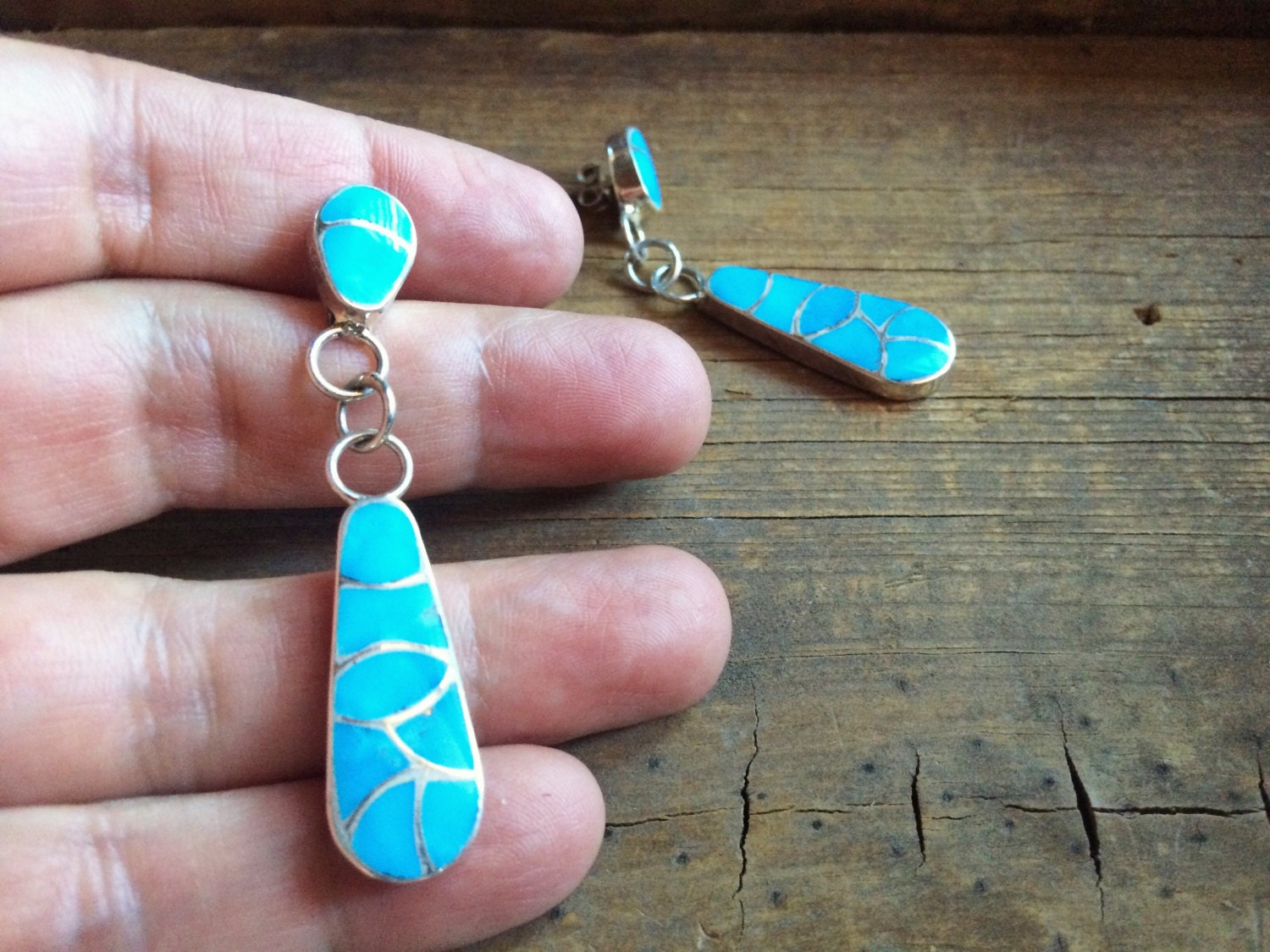 Intricate Vintage Native American Zuni Turquoise Sterling Silver Channel Earrings Intricate Vintage Native American Zuni Turquoise Sterling Silver Channel Earrings