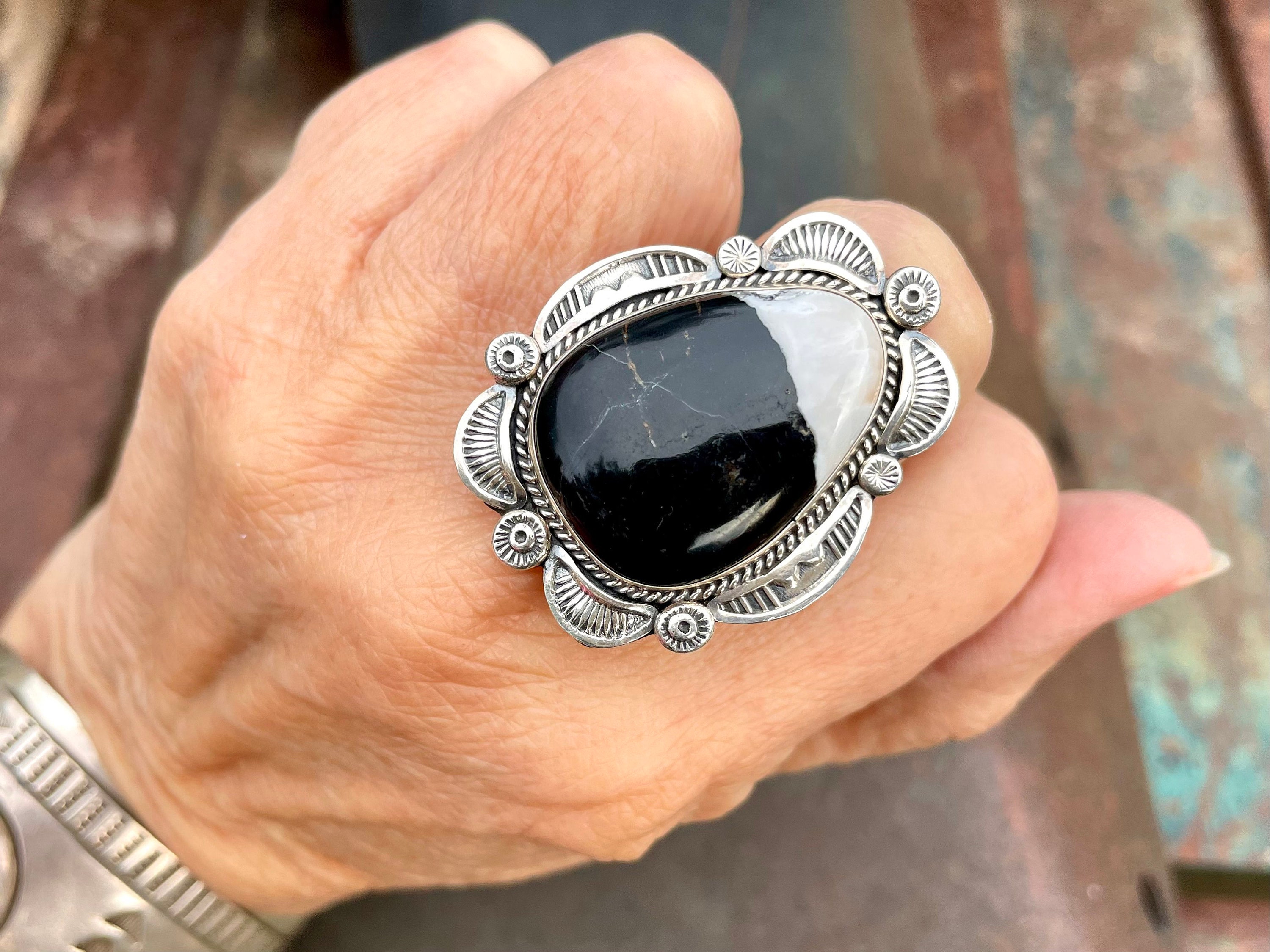 Navajo Ella Linkin White Buffalo Turquoise Ring Size 8.25, Native