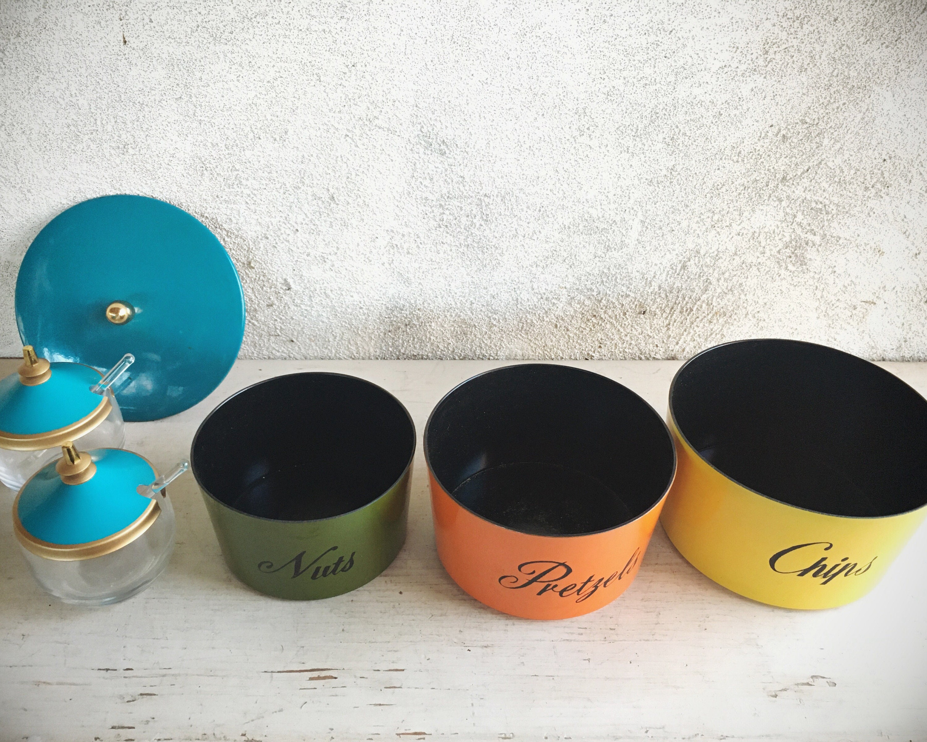 Mid Century Stackable Snack Bowls with Glass Mustard Servers Spoons