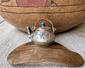 Sterling Silver Turquoise Miniature Stamped Silver Lidded Teapot by Navajo Elizabeth Whitman