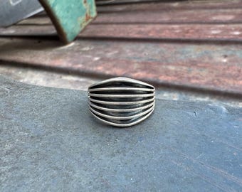 Vintage Sterling Silver Wide Band Ring Size 8, Signed Navajo Jewelry, Contemporary Rail Design