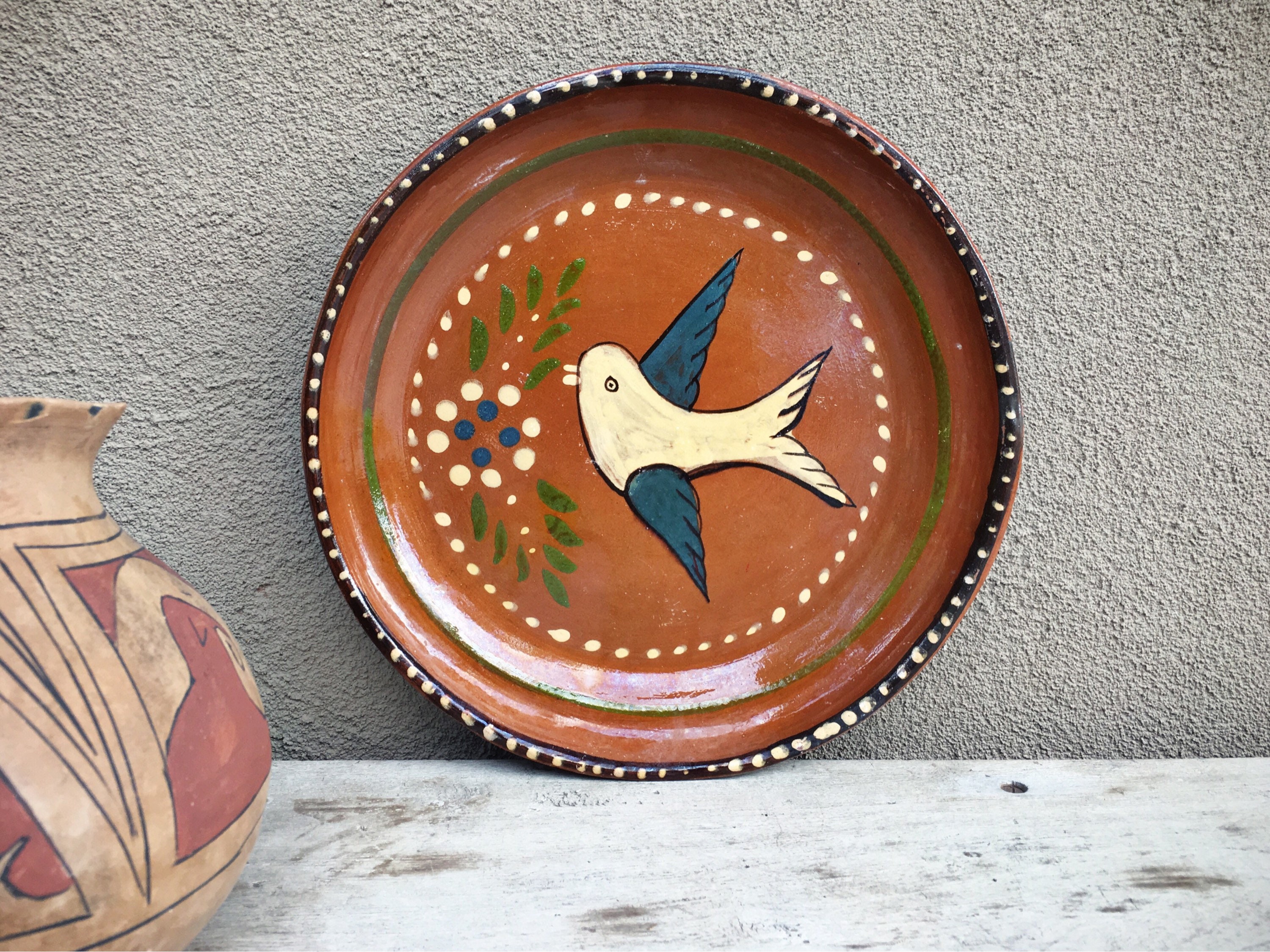 Mexican Pottery Plate Bird Decor Capula Michoacan Redware Mexican Decor