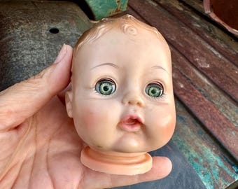 1964 Alexander Baby Doll Head Vinyl with Sleep Eyes Curly Hair, Shelf Display, Steampunk Decor
