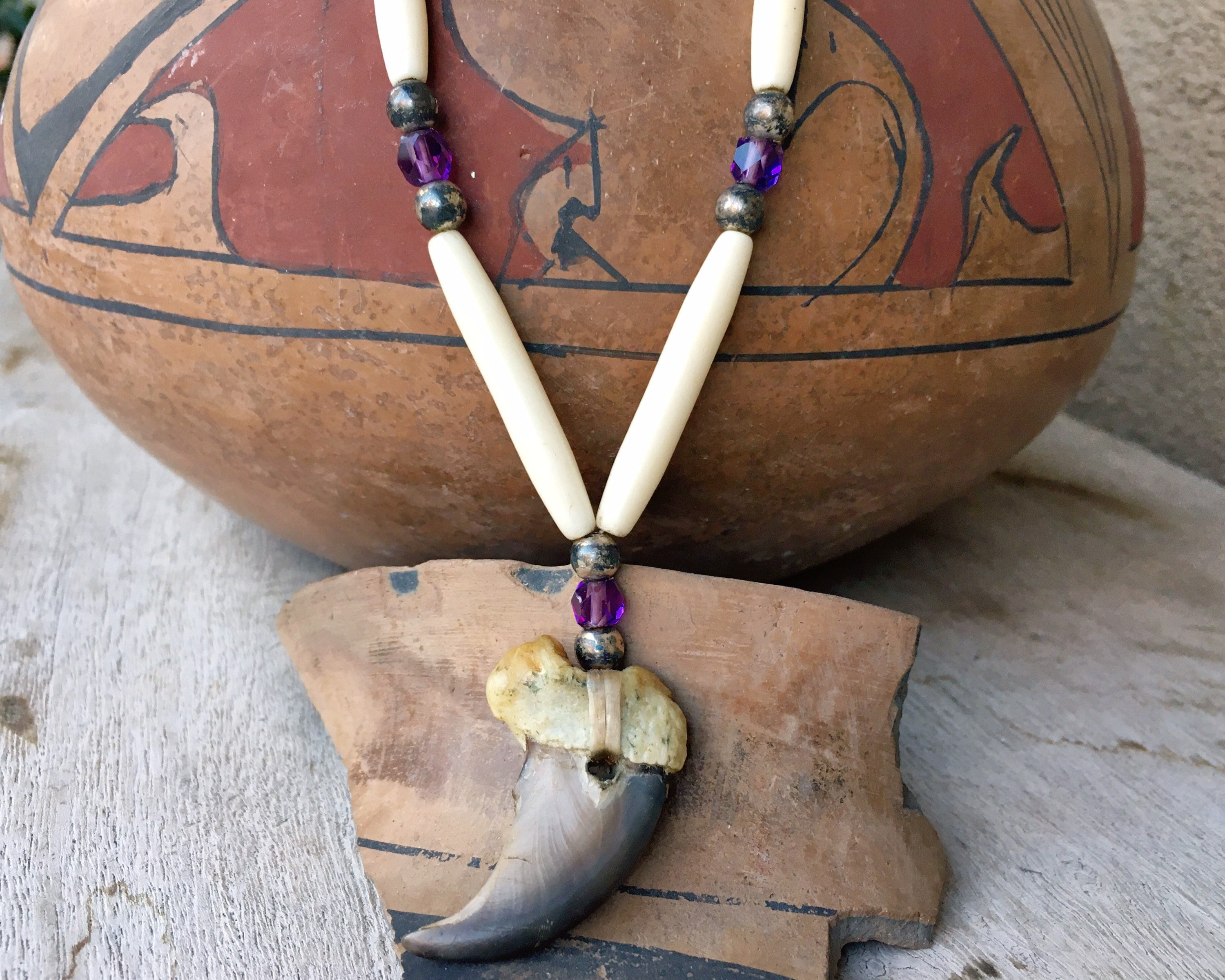 Vintage Bear Claw Necklace with Trade Beads Strung on Sinew Native American Indian Jewelry Unisex