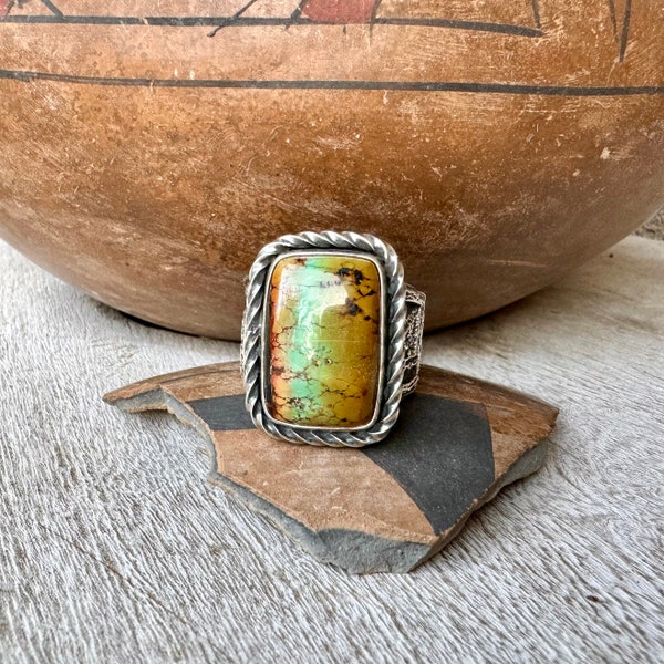 Natural Blackjack Turquoise Ring Approx Size 10.5 by Navajo Kevin Yazzie, Heavy Silverwork on Shank, Native American Indian Jewelry Men's