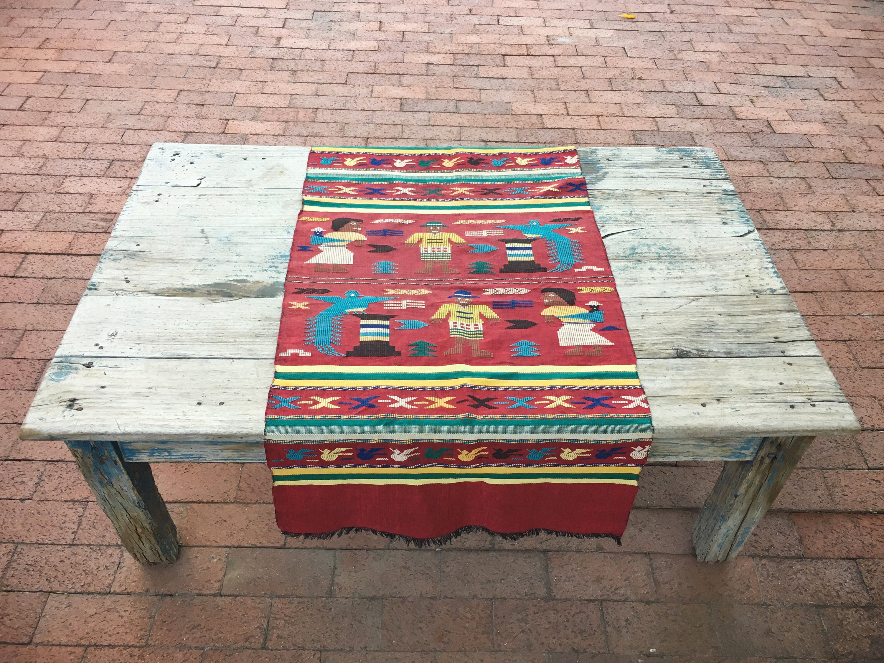 Vintage 22 x 48 Mexican table runner embroidered and woven tapestry