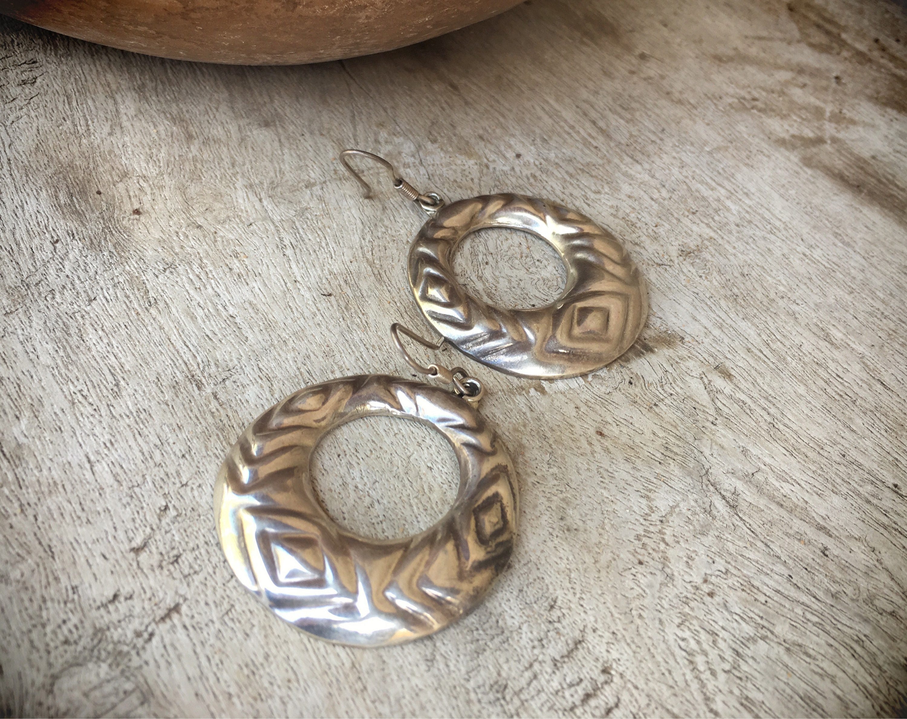 Vintage Taxco Earrings Sterling Silver Repousse Dangle Hoops, Mexican