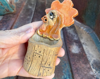 1970s Small Max Hindt Art Studio Pottery Rooster Caddy, Vintage Chicken Gift, Cute Shelf Decor