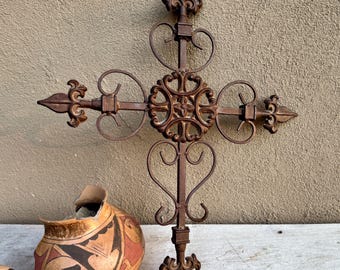 Vintage Large Metal Cross Wall Hanging Fleur de Lis Approx 19" x 22.5", Garden Patio Decor