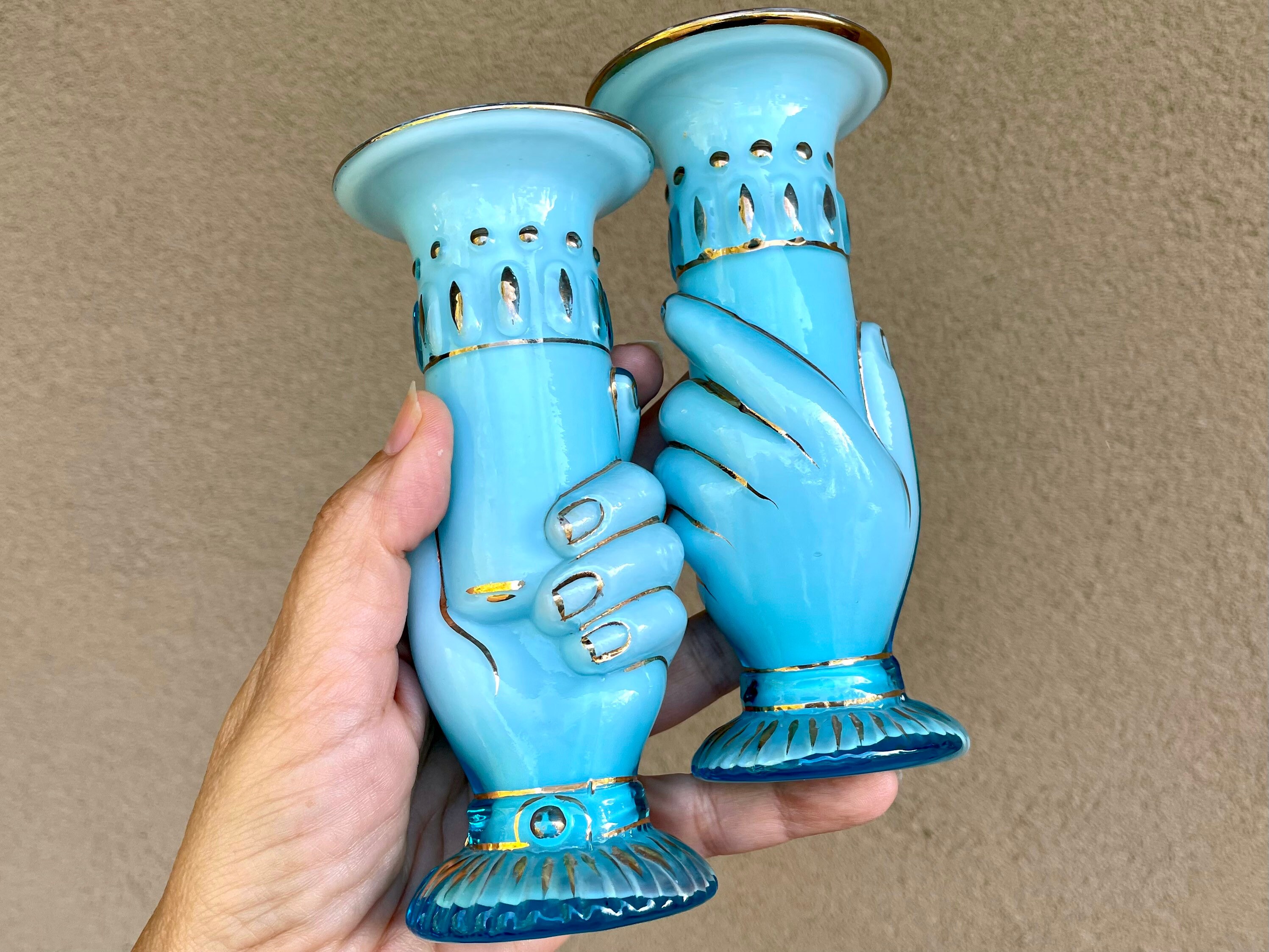 Pair of Antique Mold Blown Czechoslovakian Art Glass Hand Vases Circa 19181938, Bohemian Decor