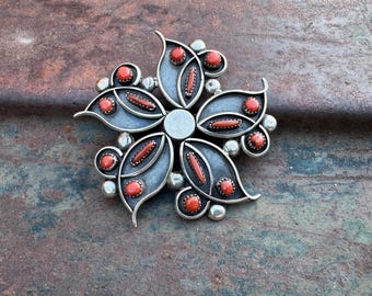 Vintage Sterling Silver Coral Pendant Brooch Pin, Zuni Bernadine Charlie, Early 1990s