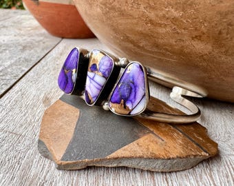 Navajo Three Stone Cuff Bracelet Approx Size 6.5", Purple Dahlia Turquoise Composite Stone