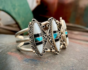 Vintage Zuni Mother of Pearl Turquoise Inlay Cuff Bracelet for Women, Old Pawn Native Jewelry