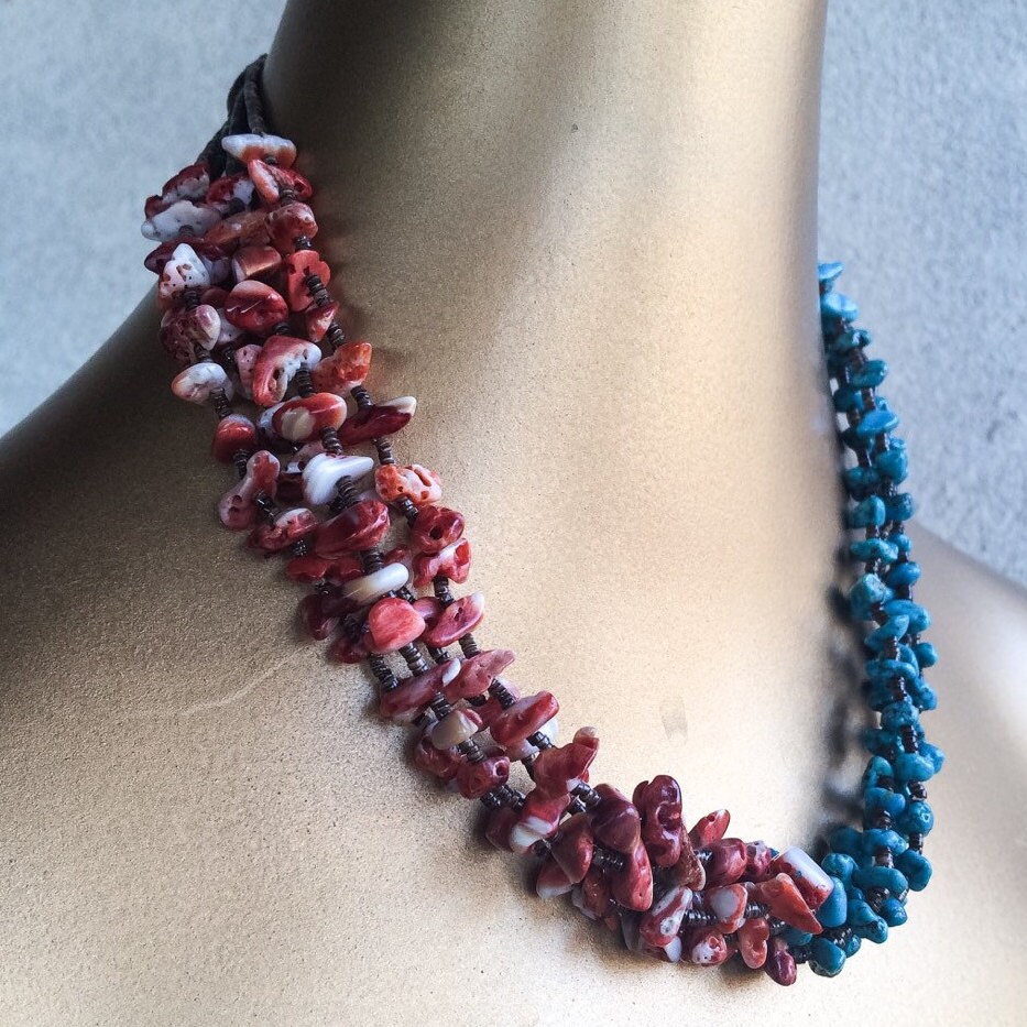 18 four-strand coral turquoise choker with pen shell heishi, turquoise ...