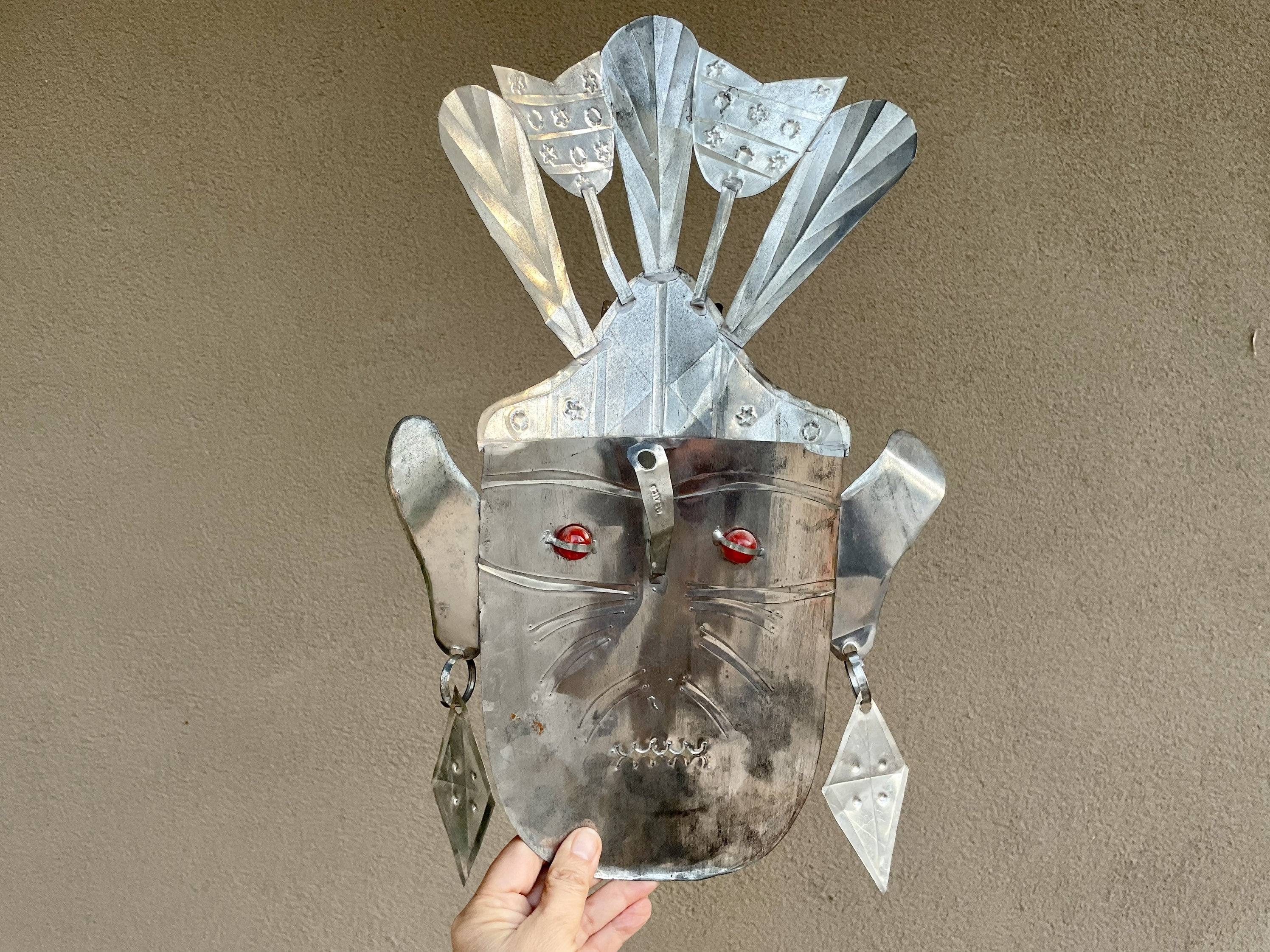 Large 1960s Tin Tourist Mask from Taxco of Mayan or Aztec Face Wall