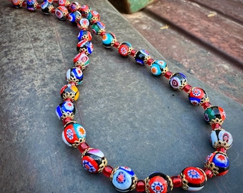 Vintage Italian Millefiori Glass Bead Necklace Approx 18", Gold Tone Filigree Caps Orange Blue