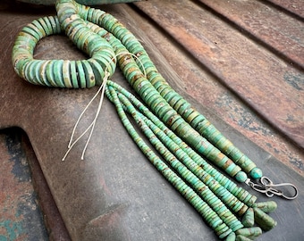 Green Turquoise Heishi Bead Necklace w/ Jacla, Vintage Santo Domingo Jewelry