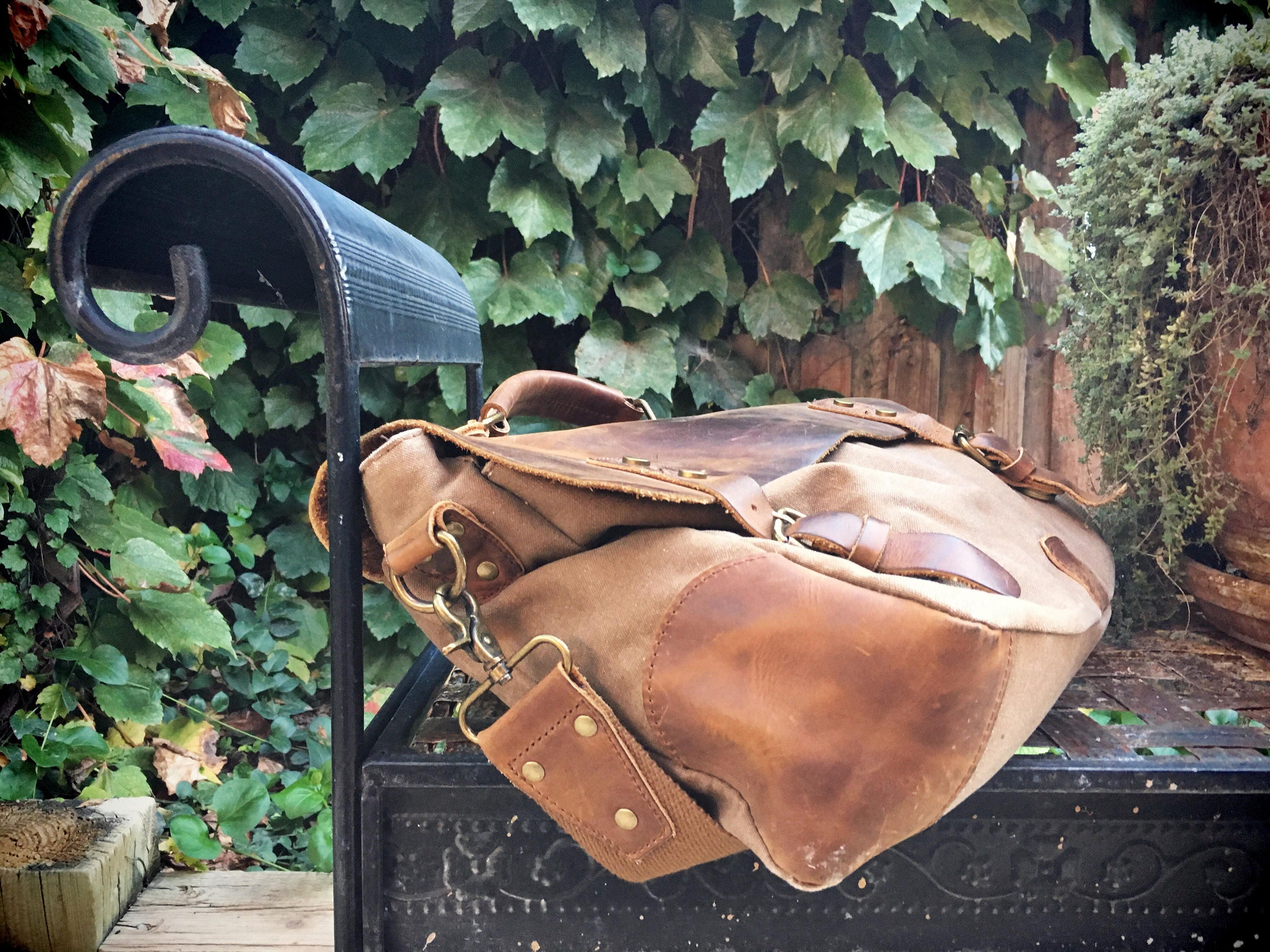 Vintage canvas and distressed leather messenger bag men or women's