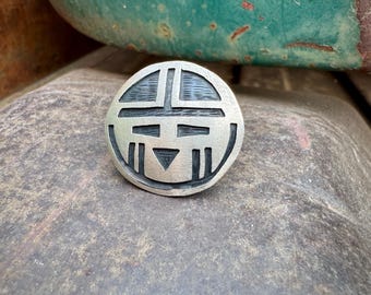Old Hopi Sterling Silver Overlay Ring Round Kachina Face, Very Approx Size 8, Native American
