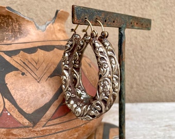 Large 3" Tibetan Tribal Hoop Earrings Silver-Plated Repousse Design, Hollow Inside Lightweight