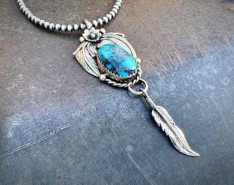 Bisbee Turquoise Sterling Silver Leaf Pendant Necklace on Small Bead Necklace 18"