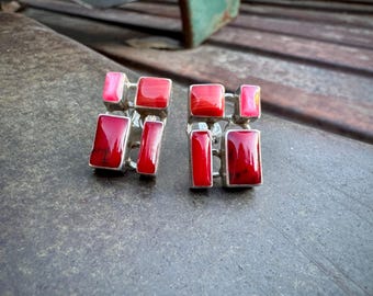 Vintage Sterling Silver Red Cluster Earrings, Rectangle Posts, Jasper Coral
