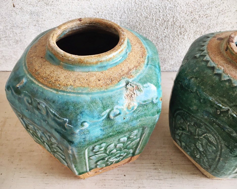 Pair of Vintage Chinese Shiwan Pottery Green Glazed Ginger Jars Celadon