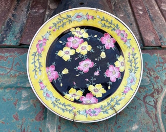 Antique Chinese Enamel on Porcelain Plate 9-1/2" Marked Nippon, Black Yellow Chinoiserie Decor