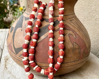 Rare Two-Strand Natural Sponge Coral Beads and Mother of Pearl Necklace, Strung on Twine No Clasp