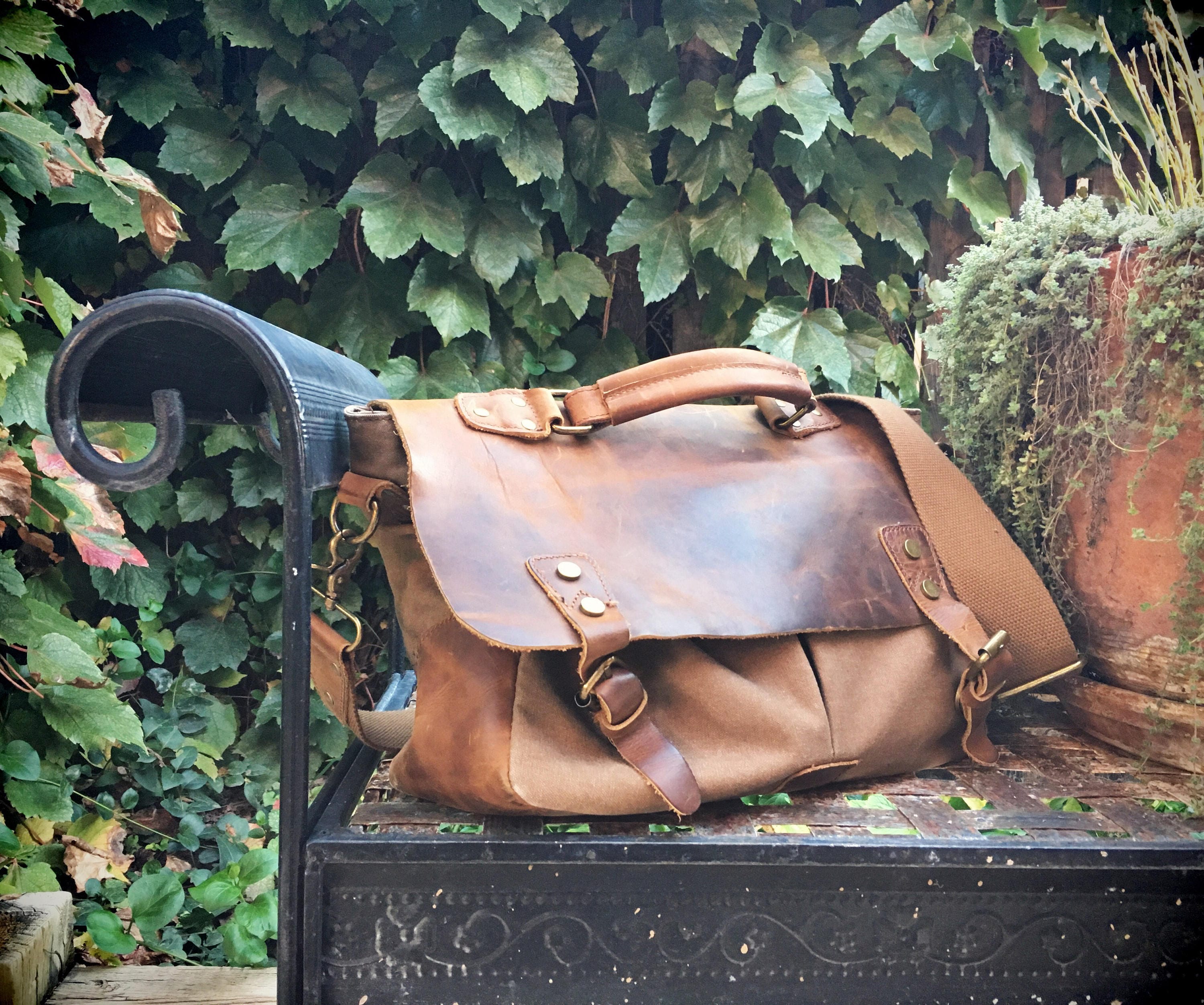 Vintage canvas and distressed leather messenger bag men or women's