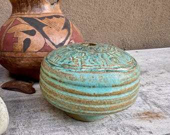 Signed Art Studio Pottery Round Bulbous Vase Blue-Green Teal Glaze