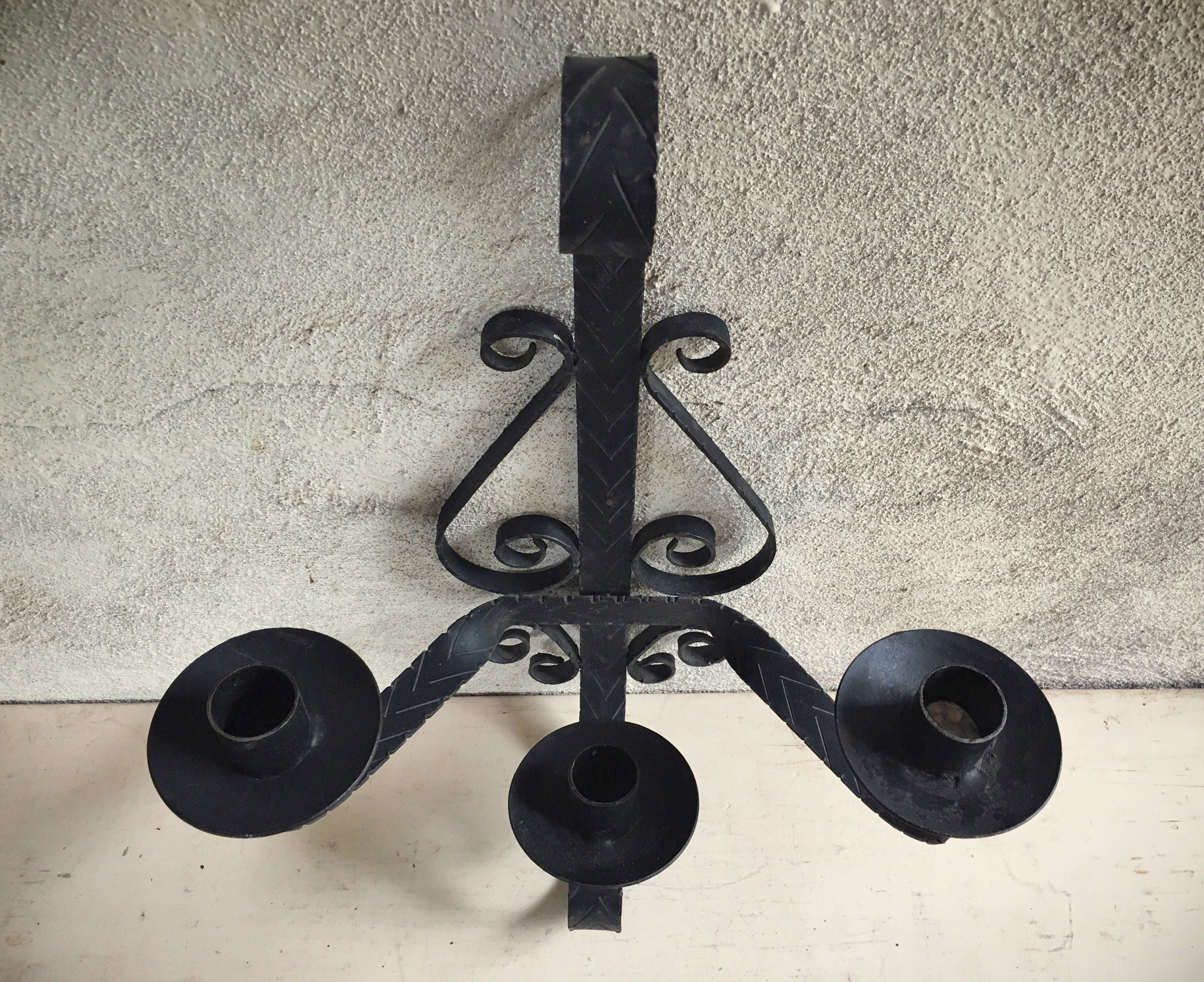 Large vintage Mexican hand wrought iron candelabra wall sconce