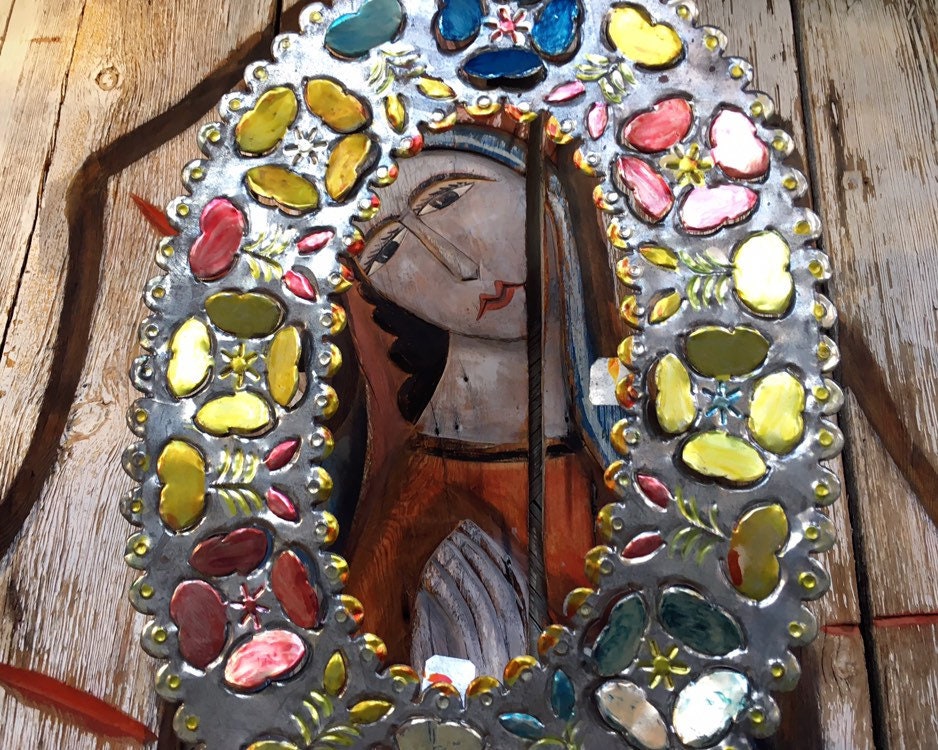 Large Vintage Mexican Tin Oval Frame Punched Painted Cutout Metal No