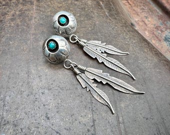 Sterling Silver Turquoise Earrings w/ Dangling Feathers, Southwestern Jewelry