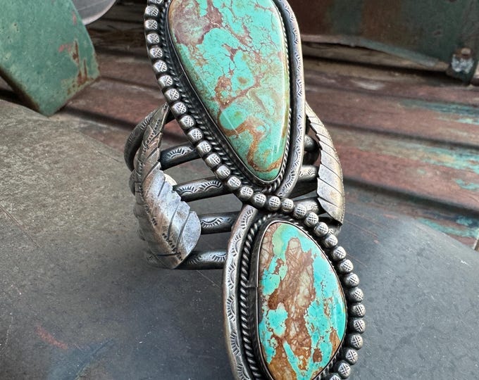 Featured listing image: Massive Pilot Mountain Turquoise Cuff Bracelet Small Wrist, Huge Arm Guard, Statement Jewelry