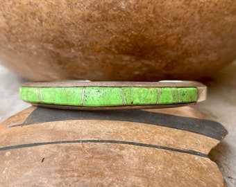 Vintage Sterling Silver Green Gaspeite Inlay Cuff Bracelet Size 6.75 by Navajo Wayne Muskett