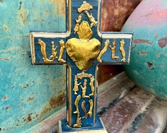 Distressed Vintage Mexican Milagro Cross on Stand w/ "Miracle" Charms Amulets, Altar Art