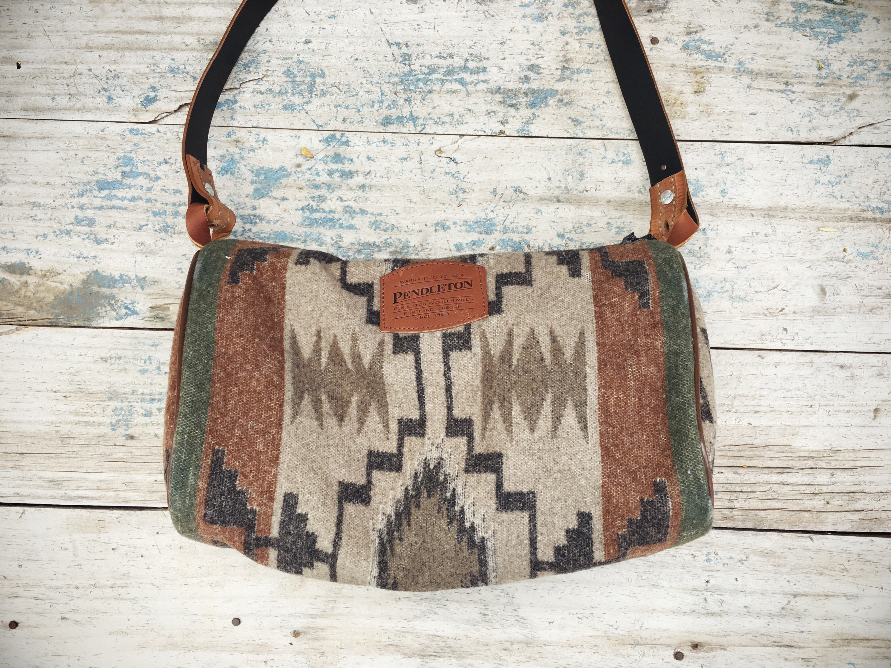 Made in USA Pendleton Fabric Bag with Leather Handles, Light Satchel