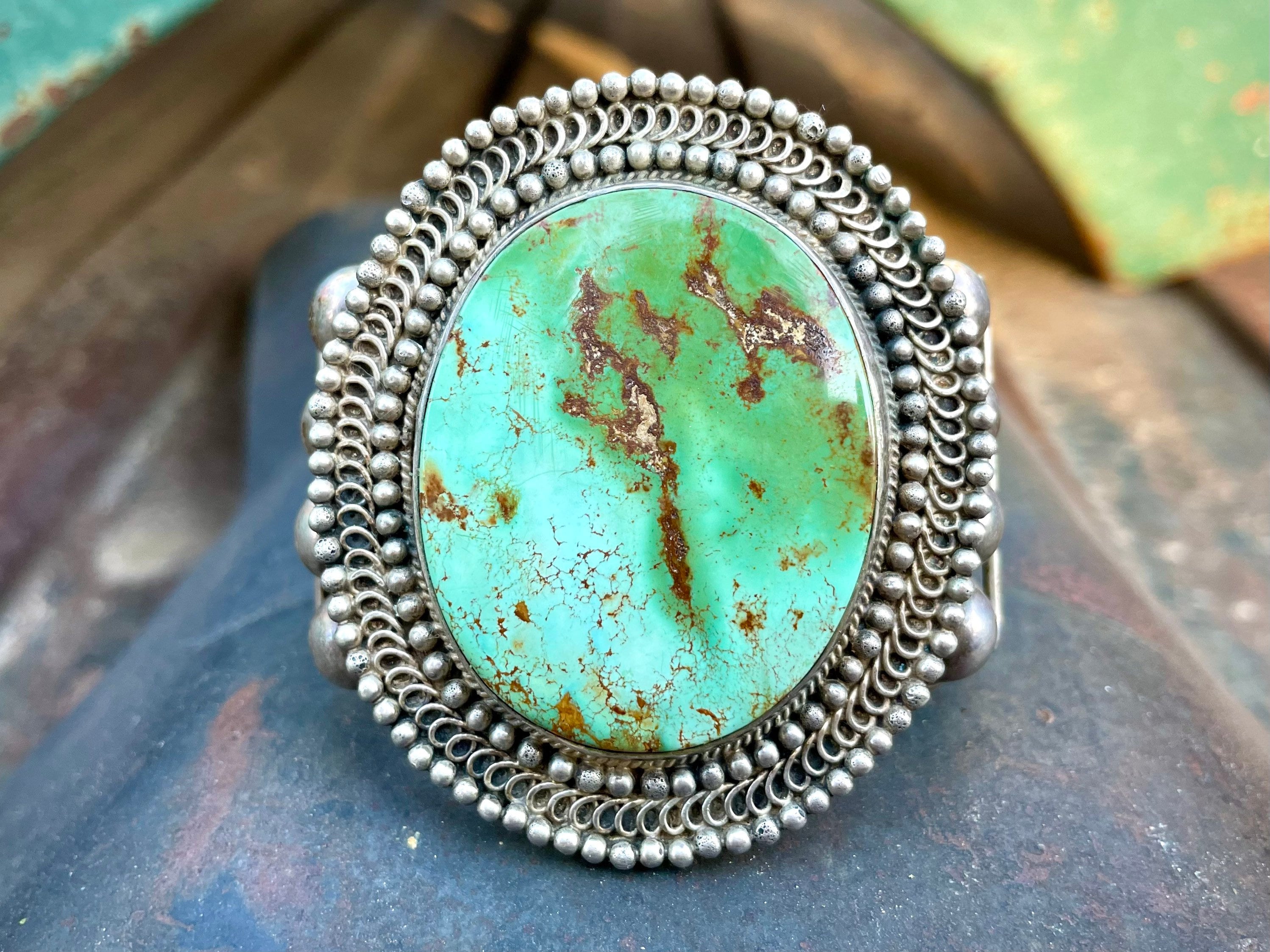 Detailed Wide Vintage Native American Navajo Royston Turquoise Sterling Silver Bracelet Detailed Wide Vintage Native American Navajo Royston Turquoise Sterling Silver Bracelet