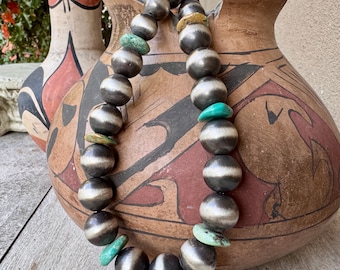 Chimney Butte Turquoise Sterling Silver Navajo Pearls Bead Necklace 22”, Layering Style