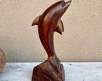 Vintage Carved Hardwood Dolphin or Porpoise Statue, Beach House Nautical Decor Natural Interior