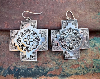 Stamped Silver Cross Earrings 1.75", Unmarked Sterling, Southwestern Style