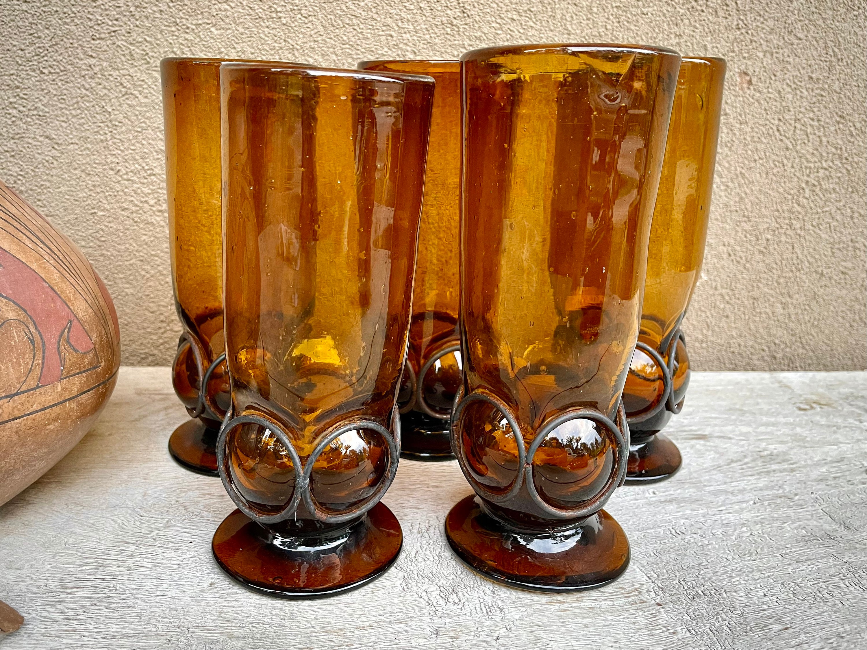 HAVING A PARTY? MidCentury Sangria Pitcher & 6 Glasses Handblown Amber Spain