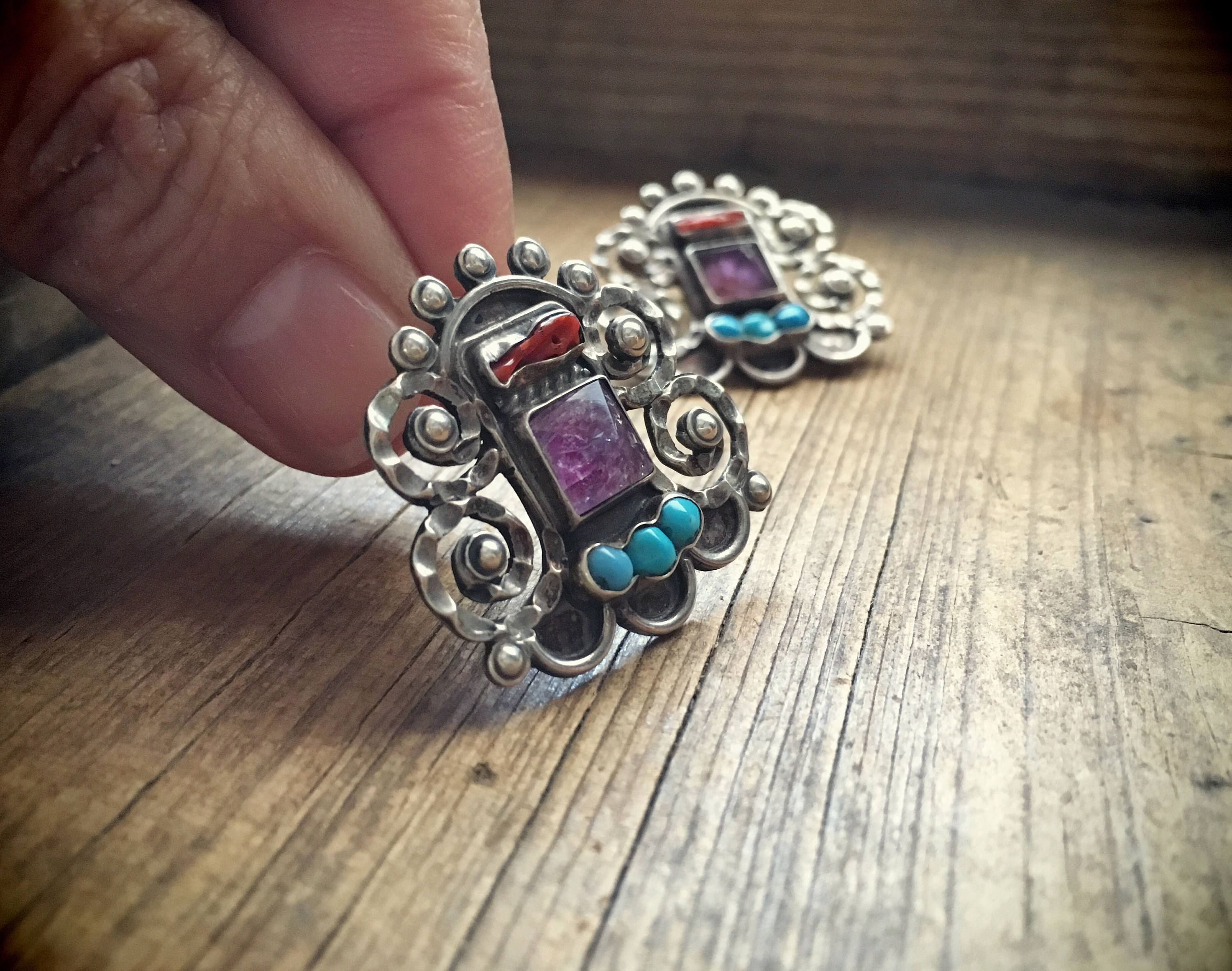 Vintage Taxco earrings Mexican Jewelry MATL Style Amethyst Turquoise