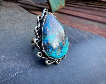 Sterling Silver Chrysocolla Ring Size 6.5 by Navajo Me'Dru Nelson, Native American Jewelry