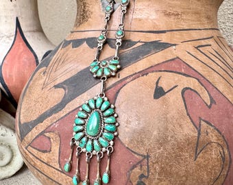 Turquoise Silver Petit Point Drop Necklace 17", Possibly Zuni Lorraine Waatsa