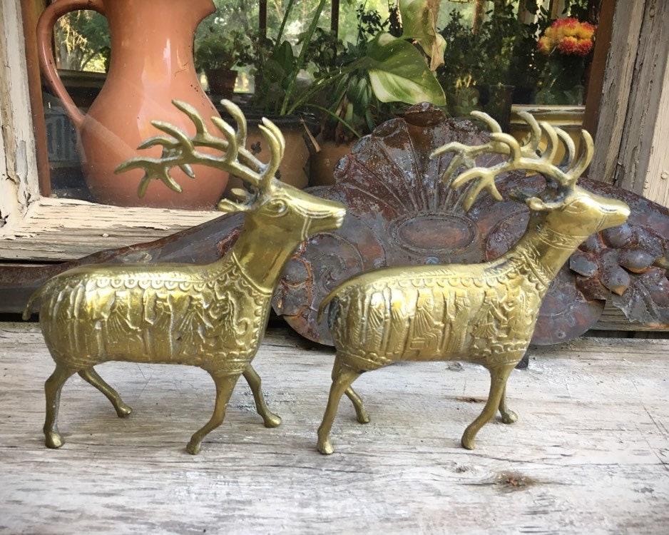 Brass Deer Statues with Carved Egyptian Revival Designs, Vintage